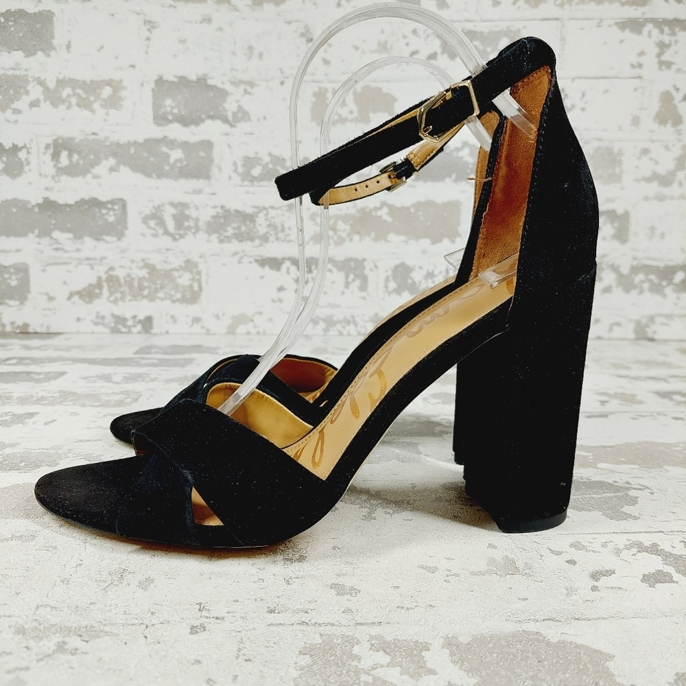 New Sam Edelman Yancy Black Suede Ankle Strap Block Heel Sandals F506